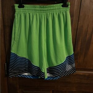 Nike Bright Green Athletic Shorts with Blue & Black Striped Hem